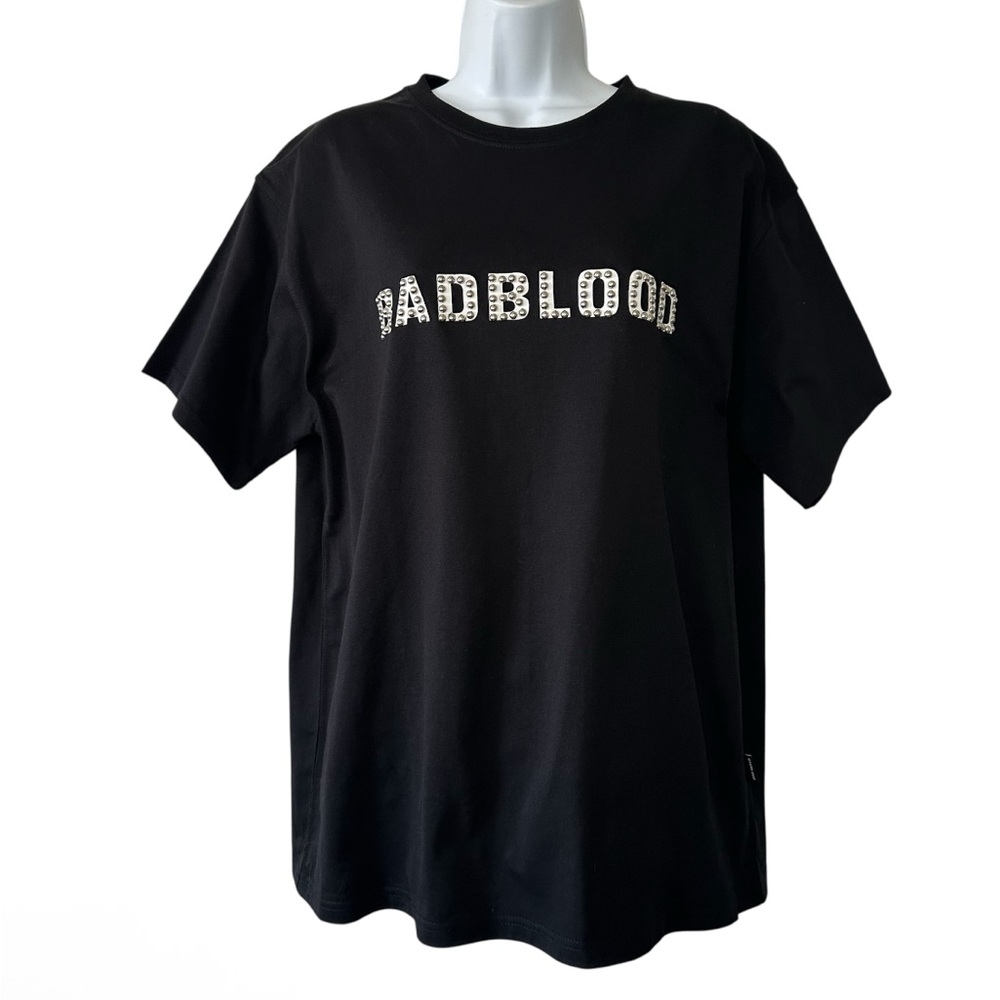 BADBLOOD Women’s Black Graphic Silver Stud Crew Neck Swifty T-Shirt- Medium